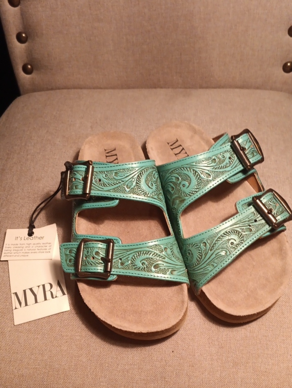 Myra Bag Hand-tooled Turquoise Embossed Leather Double-Buckle Sandals.